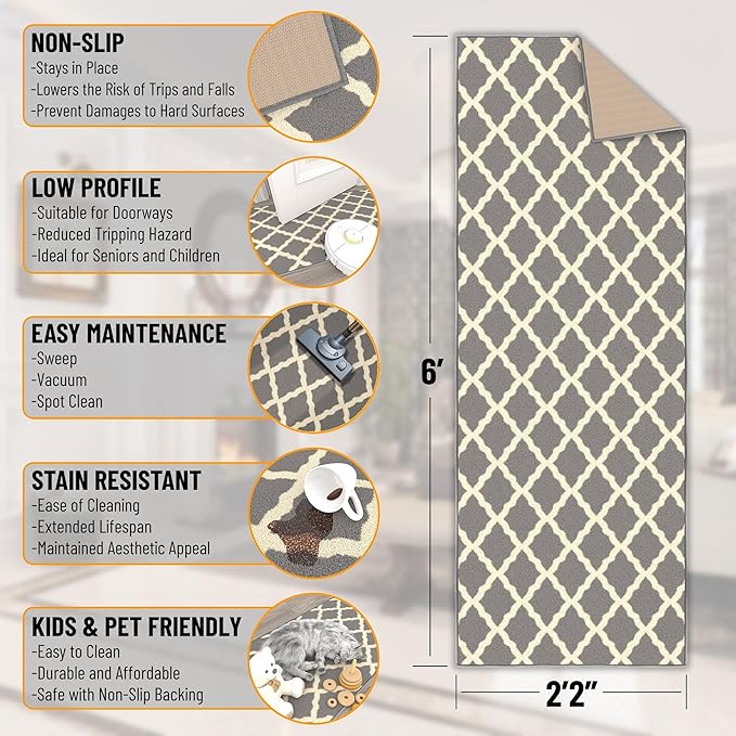 Ottomanson Hallway Runner Rug 2'2" x 6' Non Slip Trellis Area Rugs Easy to - Image 3