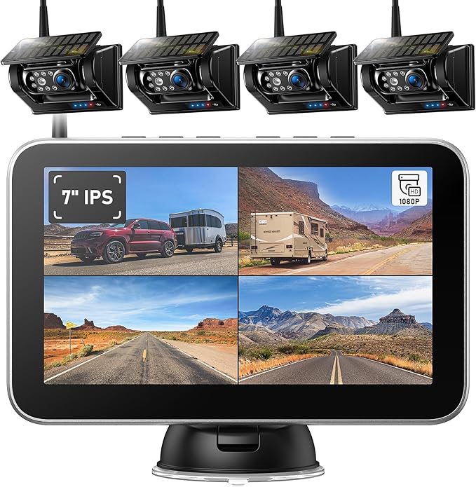 4 Magnetic Solar Wireless Backup Camera HD1080P 7" DVR Monitor, 3Mins No-Wire by ZEROXCLUB
