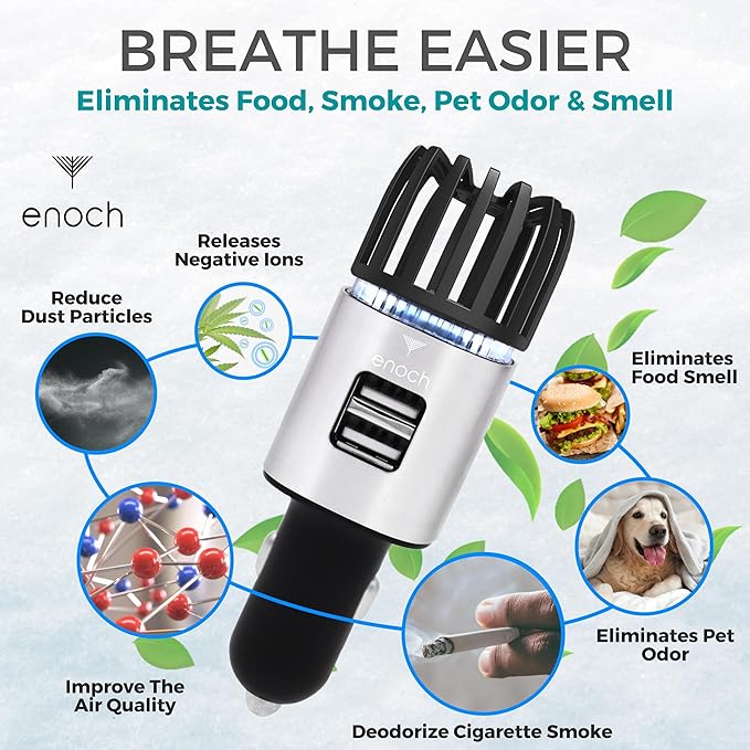 Enoch Car Air Purifier Premium Air Ionizer - 12V Plug-In Ionic Ozone Deodorizer - Image 2