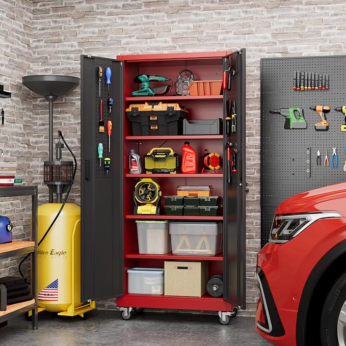 Garage Storage Cabinet with Pegboard and 5 Adjustable Shelves, Tool Storage - Image 9