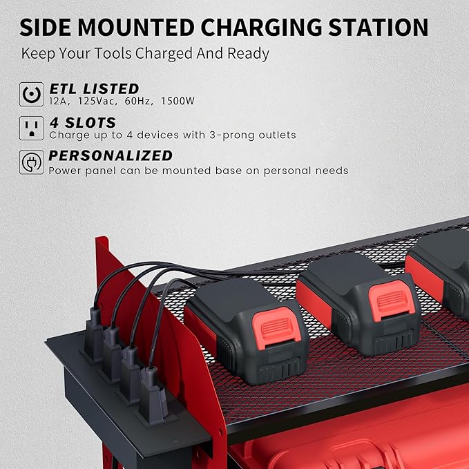 Power Tool Organizer Wall Mount – Adjustable Shelf, Side-Mounted 4-Outlet - Image 3