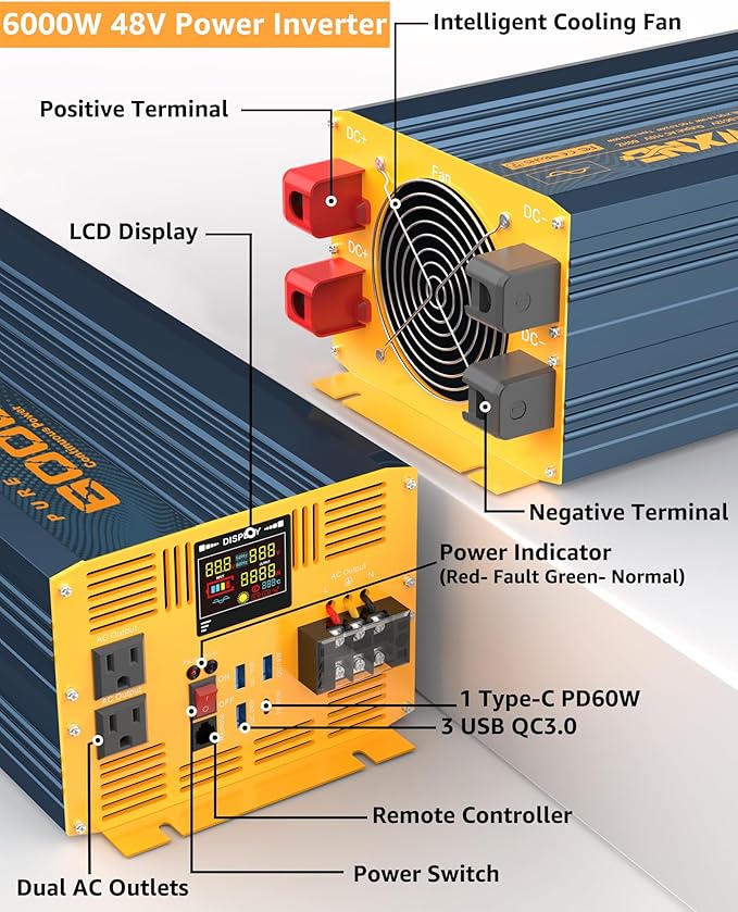 6000 Watt Power Inverter Pure Sine Wave 48V DC to 110V 120V Heavy Duty Inverter - Image 2