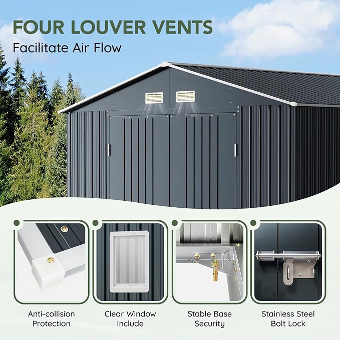 10x10 FT Outdoor Metal Storage Shed, Double Swing Doors, 2 Clear Windows - Image 4