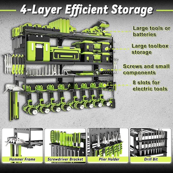 Power Tool Organizer Wall Mount, Heavy Duty Metal 4 Layer 8 Slots Drill Holder - Image 2