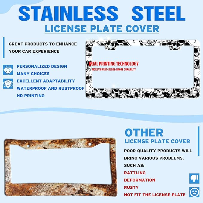 Skull License Plate Frame Black White Skeleton Stainless Steel License Plate - Image 2