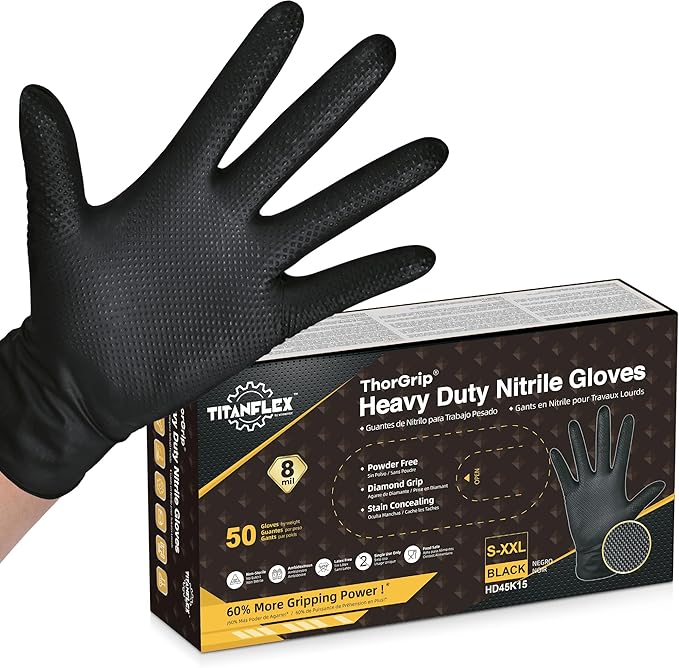 TitanFlex Thor Grip Heavy Duty Black Industrial Nitrile Gloves by TitanFlexDisposableGloves