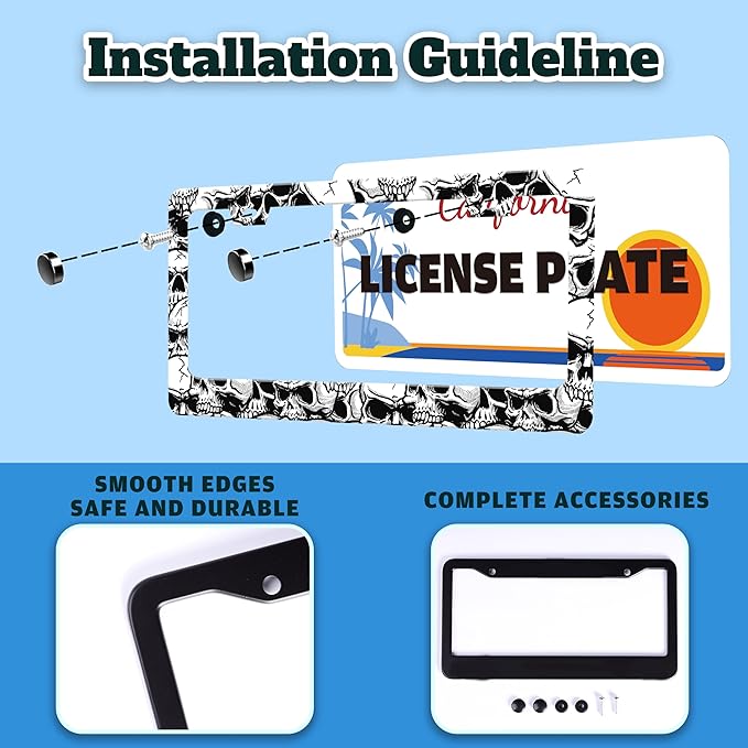 Skull License Plate Frame Black White Skeleton Stainless Steel License Plate - Image 4