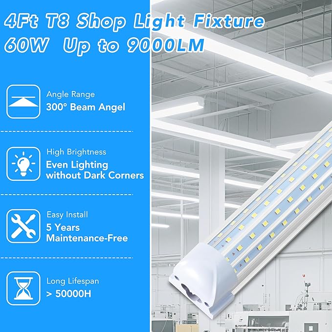 T8 LED Shop Lights 4FT Garage Light, 6 Pack 60W 9600LM 6000K Daylight Work - Image 2