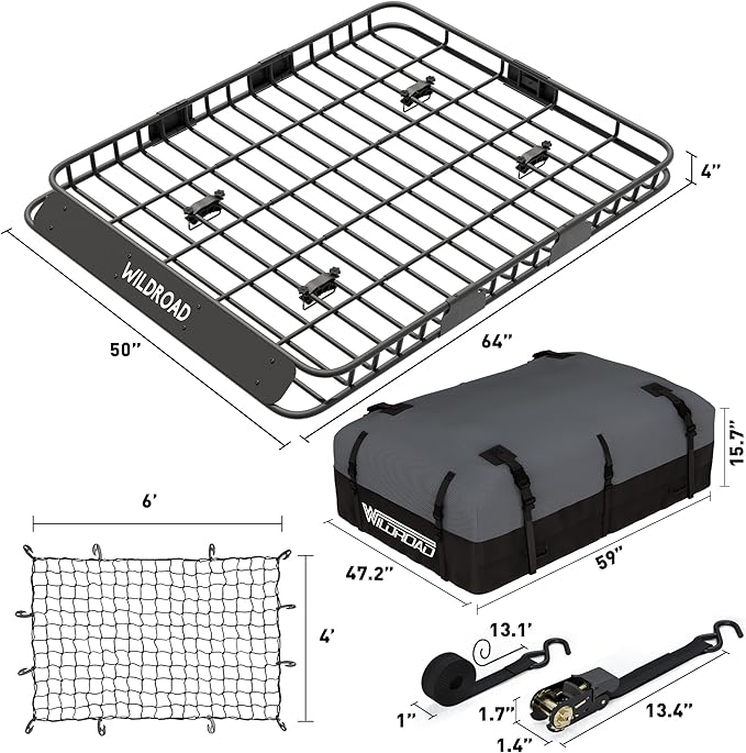 Wildroad Roof Rack Cargo Basket, Upgraded 4” Fence Wide Car Roof Basket Combo - Image 6