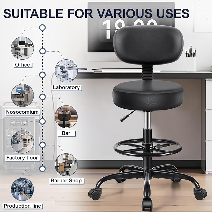 Drafting Chair with Backrest – Adjustable Foot Rest Rolling Stool with Wheels - Image 8