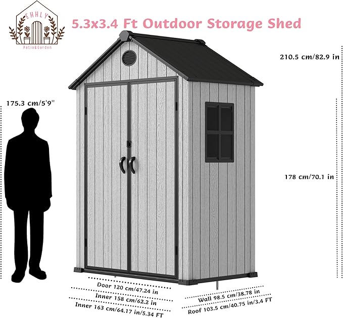 5.3x3.4 FT Resin Outdoor Storage Shed, 135 Cuft Garden Tool Sheds & Outdoor - Image 8