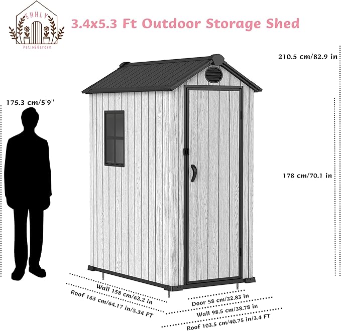 3.4x5.3 FT Resin Outdoor Storage Shed, 125 Cuft Garden Tool Sheds & Outdoor - Image 7