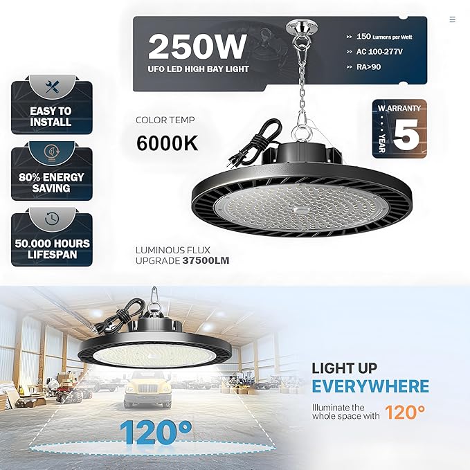 8Pack 250W UFO LED High Bay Light, 30000lm 6000K Daylight 2500W Equivalent - Image 2