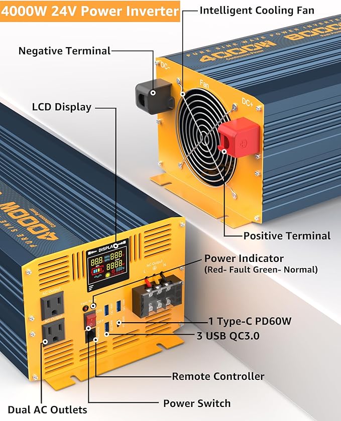 4000W Pure Sine Wave Power Inverter DC 24V to AC 110V 120V - Image 2