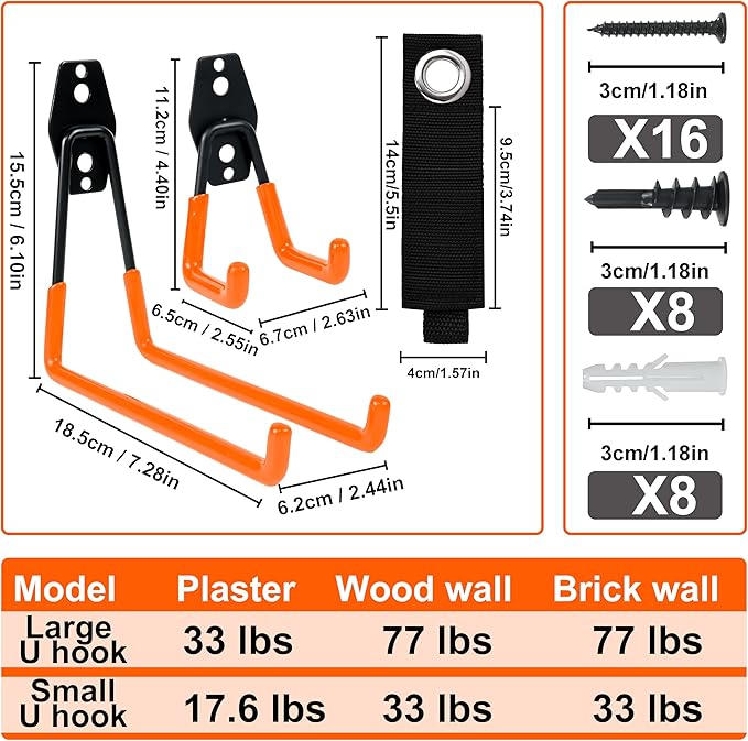 QUELIEN 4 Pack Garage Wall Hooks, 2 Large 7.5 in & 2 Small 2.5 in Heavy-Duty - Image 2