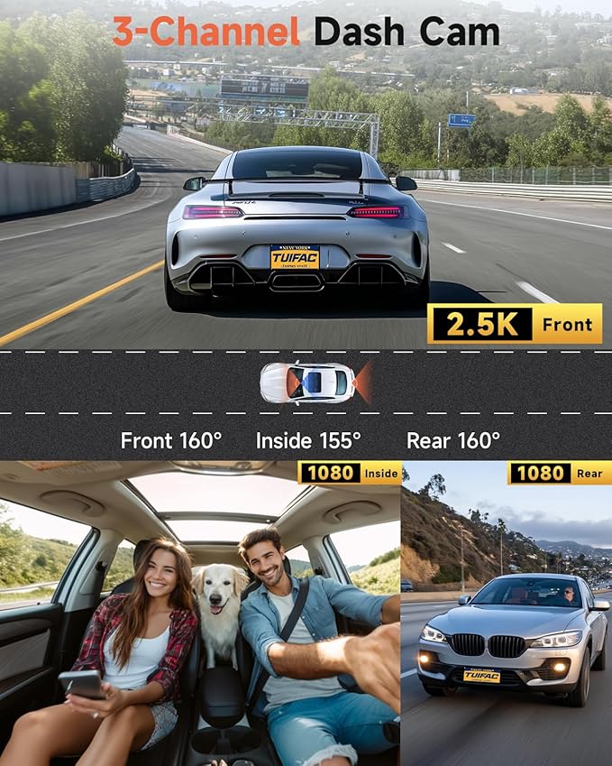 3 Channel Dash Cam, Dash Camera 2.5K Front and Dual 1080P Inside/Rear - Image 2