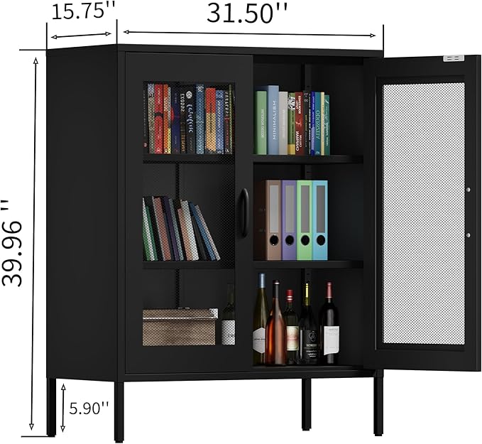 Metal Storage Cabinet with Mesh Doors and Shelves, 3-Tier Office Cabinet - Image 3