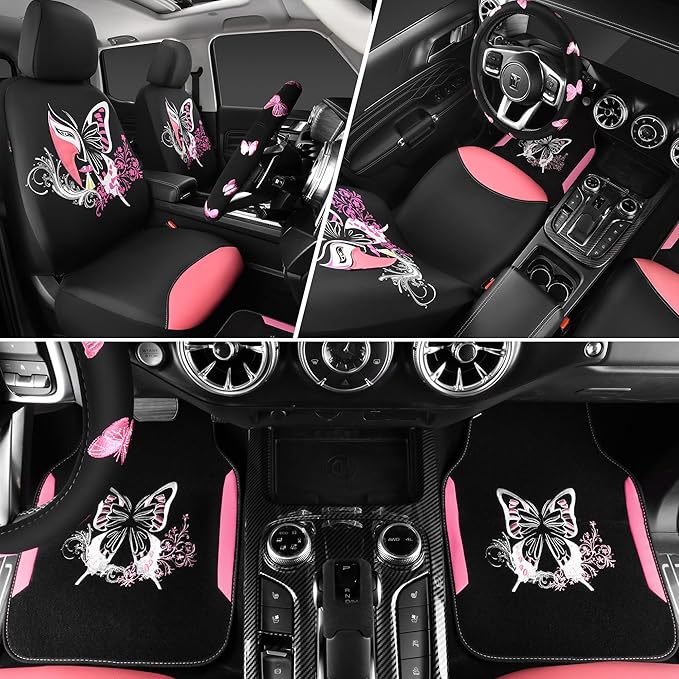 CAR PASS Pink Leather & Gaberdine Butterfly Car Seat Covers Full Set - Image 4