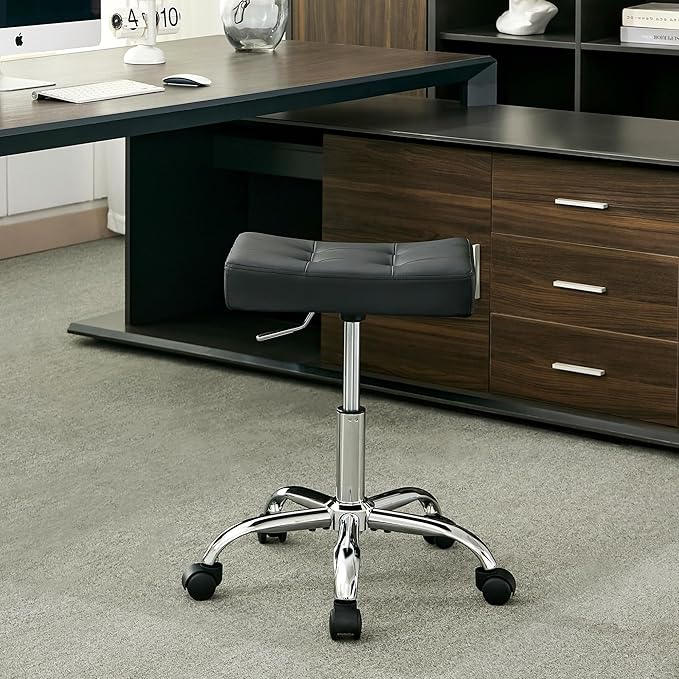 Office Stool with Wheels Black Faux Leather Workbench Stool by FIRAVOE