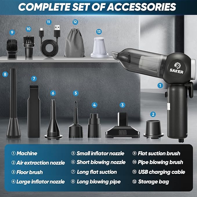 Saker Portable Car Vacuum Cordless 20000Pa 6 in 1 Multifunctional Adjustable - Image 8