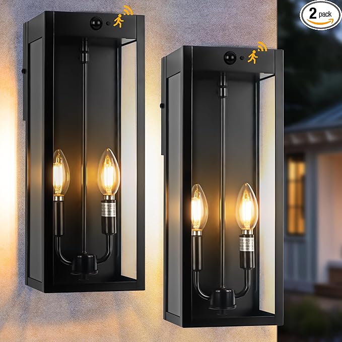 Black Motion Sensor Outdoor Lights 2-Light, 16” Modern Dusk to Dawn Sensor by Brighteningspacesmoments