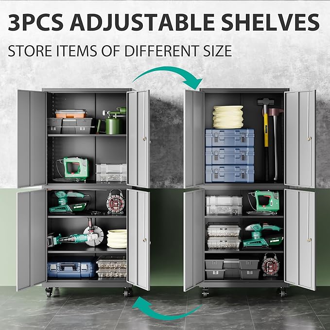 Metal Storage Cabinet with Wheels, Rolling Garage Storage Cabinet with Lock - Image 5