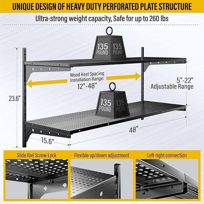 2 Tier 1.3x4ft Garage Shelving Wall Mounted, 400 lbs Load Capacity，15.6x48inch - Image 3