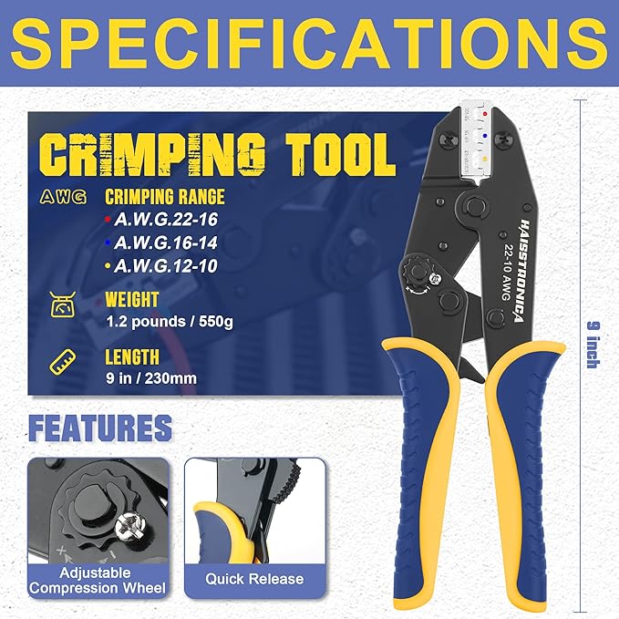 haisstronica Crimping Tool For Heat Shrink Connectors-AWG 22-10 Ratchet Wire - Image 2