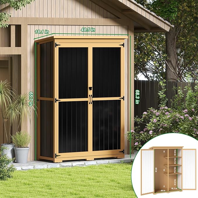 Outdoor Storage Shed with Adjustable Shelf, Wood & Metal Storage Cabinet - Image 2