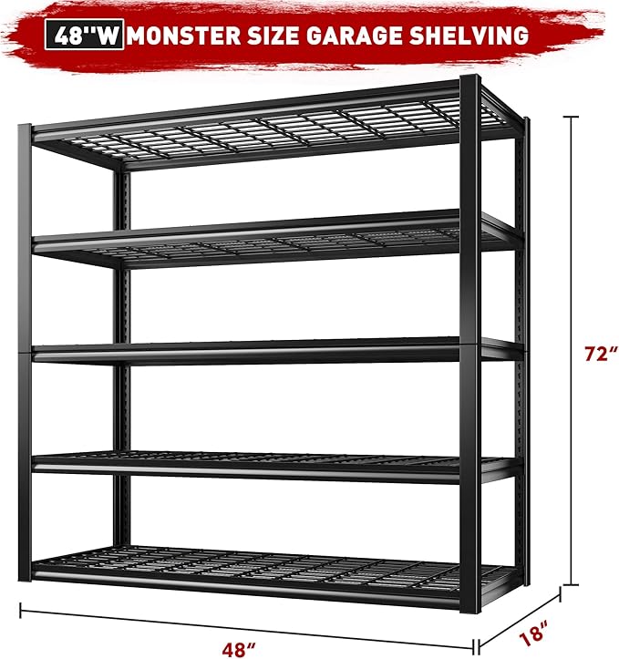 REIBII 48" W Garage Shelving Heavy Duty Load 2500LBS, 5 Tier Storage Shelves - Image 2