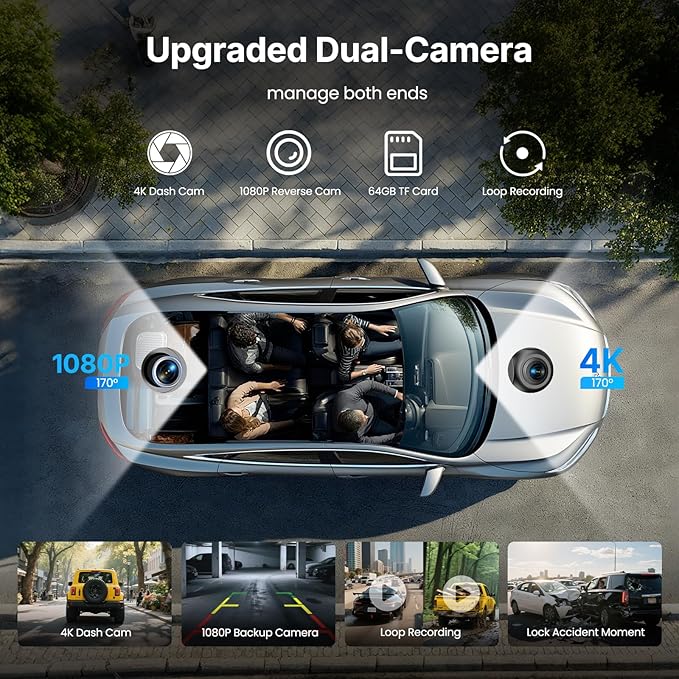 9''HD Wireless Carplay Screen For Car 4K Dash Cam&1080P Backup Camera - Image 6