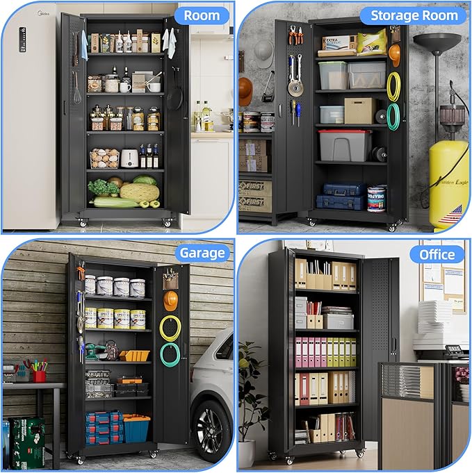 Metal Storage Cabinet with Wheels, Pegboard and 4 Hooks, Assembly Required - Image 7