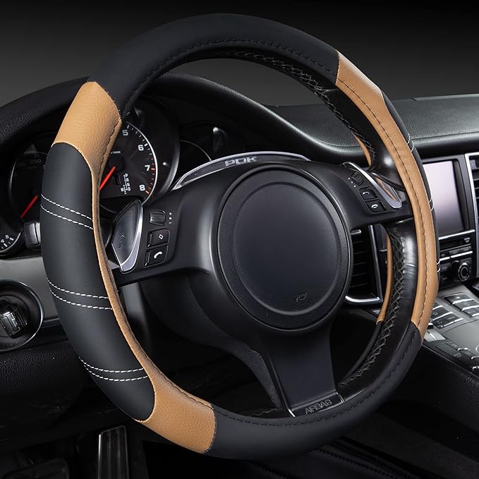 CAR PASS Line Rider Microfiber Leather Sporty 14.5-15 inch Steering Wheel Cover by CARPASS