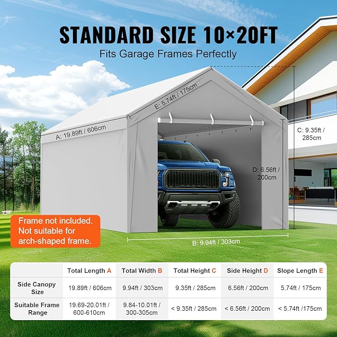 VEVOR Carport Replacement Canopy Cover Top + Side Wall 10 x 20 ft, Garage Tent - Image 4