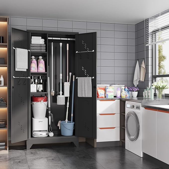75" Metal Storage Cabinet, Tall Broom Cabinet, Garage Cabinets - Image 2