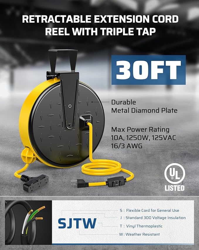 DEWENWILS 30 Ft Retractable Extension Cord Reel, Ceiling/Wall Mount 16/3 Gauge - Image 3