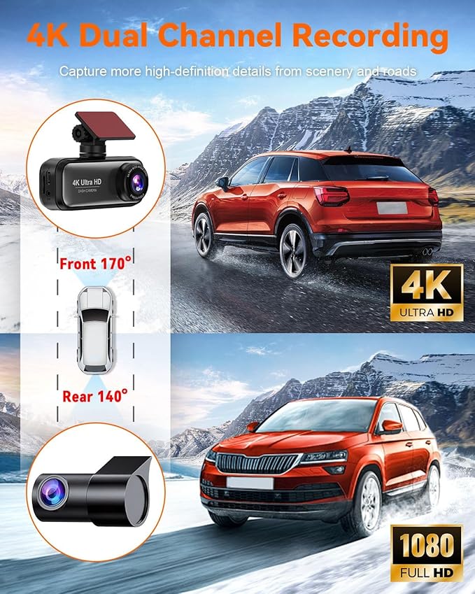 Dash Cam Front and Rear with 64GB Card, 4K+1080P Dual Dash Camera - Image 4