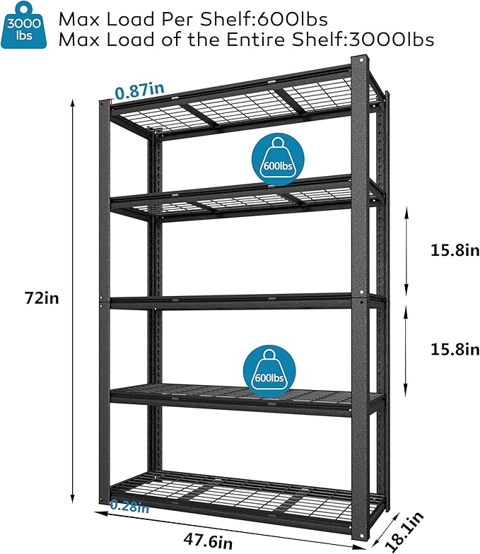 MUPATER 72" H x 47.6" W x 18.1" D Metal Storage Shelves, 5 Tier Shelves and - Image 3