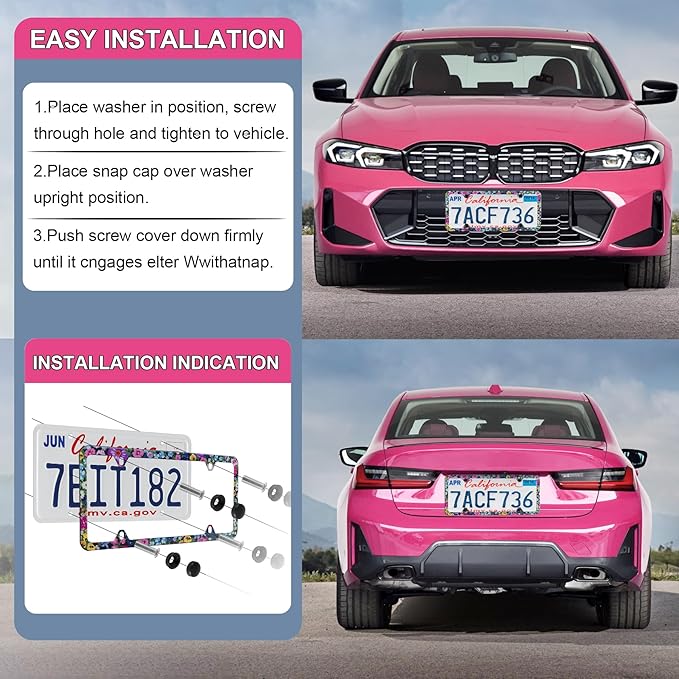 LivTee Flower Floral License Plate Frames, 4 Holes Stainless Steel License - Image 5