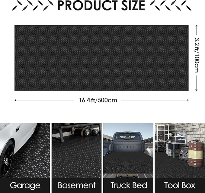 Garage Floor Mat, 16.4x3.2FT Diamond Plate Rubber Flooring Roll, PVC Non-Slip - Image 2