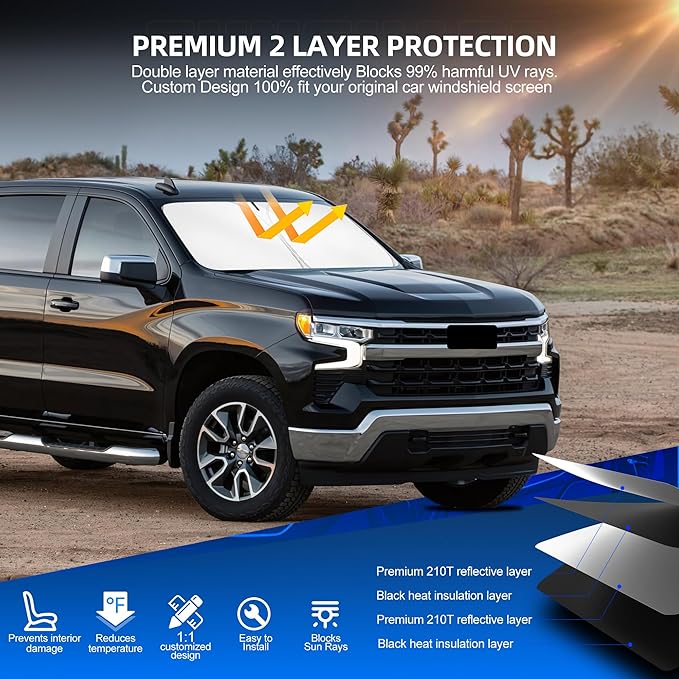 Windshield Sun Shade for Silverado 1500 2019-2025 2026 Foldable Sunshade Custom - Image 3