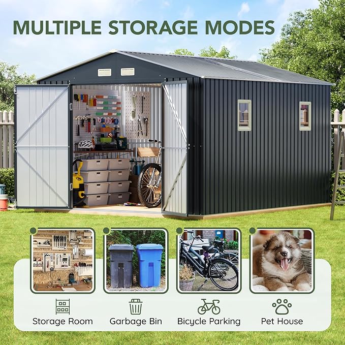 10x12 FT Outdoor Metal Storage Shed, Double Swing Doors, 2 Clear Windows - Image 5