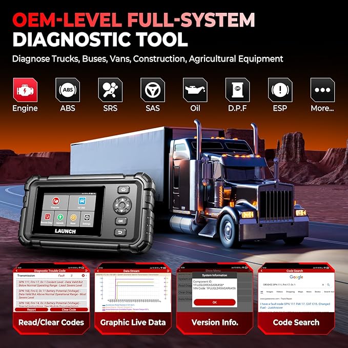 LAUNCH CRP129 HD Heavy Duty Truck Scanner, Full System Diesel Scanner - Image 3