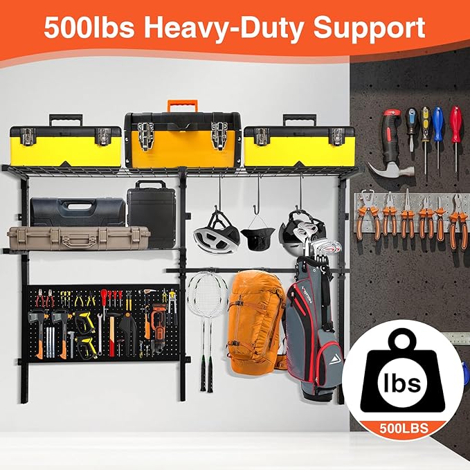 Garage Shelf Wall Mounted with Pegboard Heavy Duty Garage Wall Shelving with - Image 4