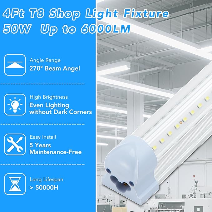 T8 LED Shop Lights 4FT, 4 Pack LED Garage Lights 50W 9600LM 6000K, Linkable - Image 2