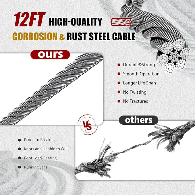 Come Along Winch 2T, Pulling Capacity 12 FT Steel Cable 2 Hooks, Heavy Duty - Image 2