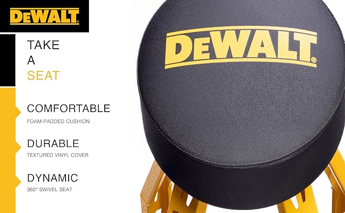 DEWALT Heavy-Duty Metal Stool for Garage and Shop, 360 Swivel Seat, Storage Tray - Image 6