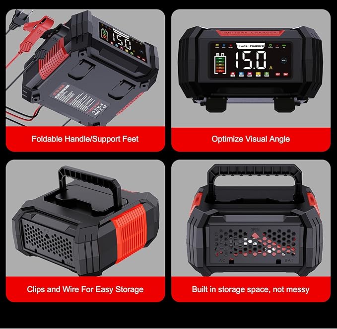 15 Amp Battery Charger, 12V 24V LiFePO4 Car Battery Charger 9-Stage Trickle - Image 4