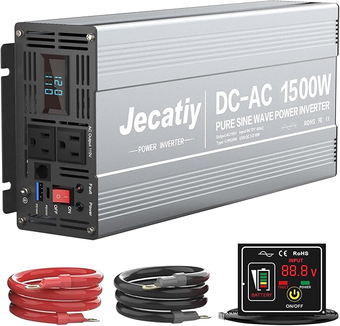 1500 Watt Pure Sine Wave Power Inverter DC 12V to 110V/120V AC Converter by Jecatiy