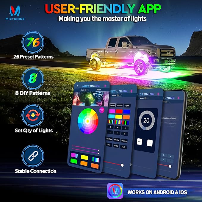 MICTUNING 2025 1000% Bright Q1 MAX RGB+IC Rock Lights, 12 Pods Chasing - Image 4